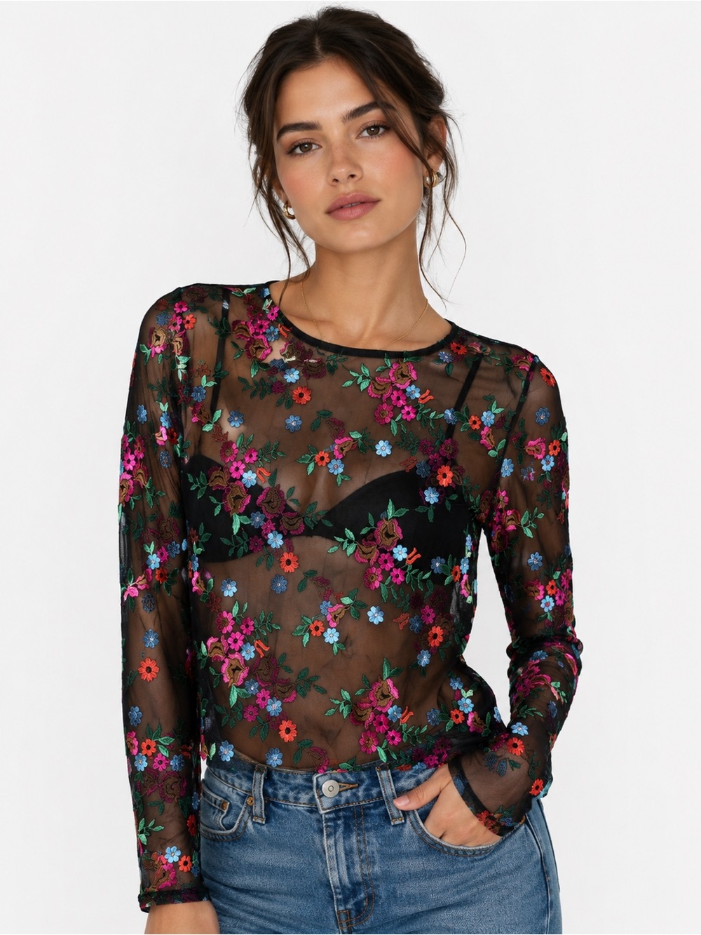 Kimchi Blue Black Sheer Floral Embroidered Long-Sleeve Tee